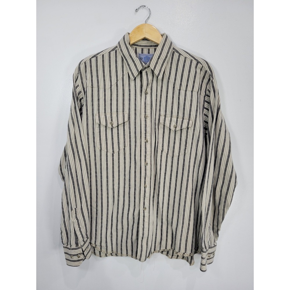 American Hero Mens Western Striped Button Down Shirt XL Cream Black‎ Raw Hem